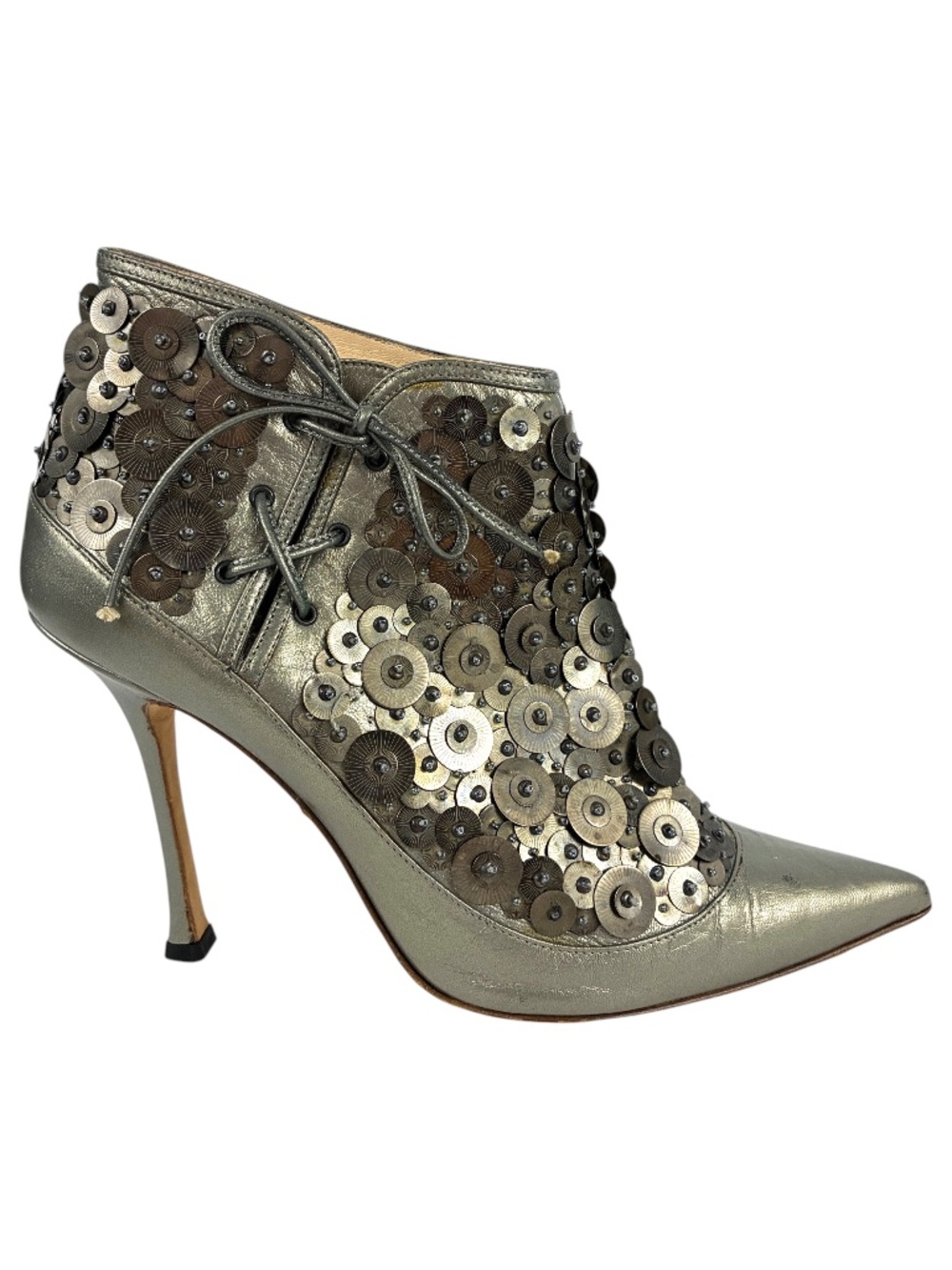 Manolo Blahnik Pewter Embellished Boots 11 Ankle Disc Sequin Beaded Pointed Toe